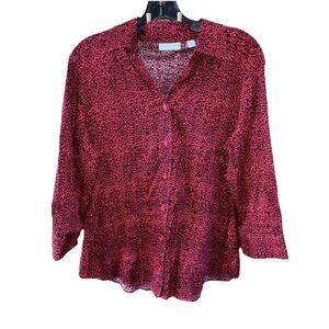 New York Company Women XL Red Button Up Animal Print Cotton Blouse Collar